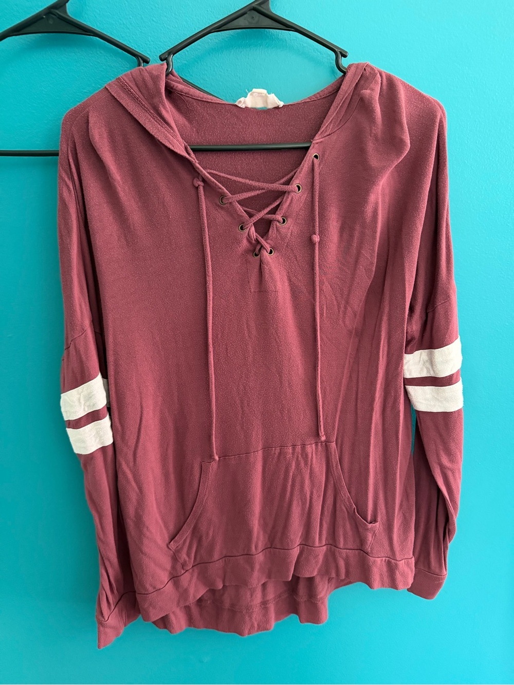 Pink Republic Lace-Up Hoodie in Dusty Rose with White Sleeve Stripes